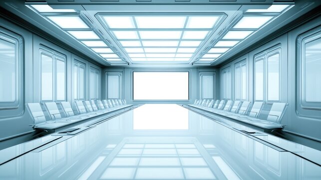A futuristic, minimalist conference room rendered in cool blue tones. Ideal for presentations or website banners showcasing innovative technology or design. - Powered by Adobe