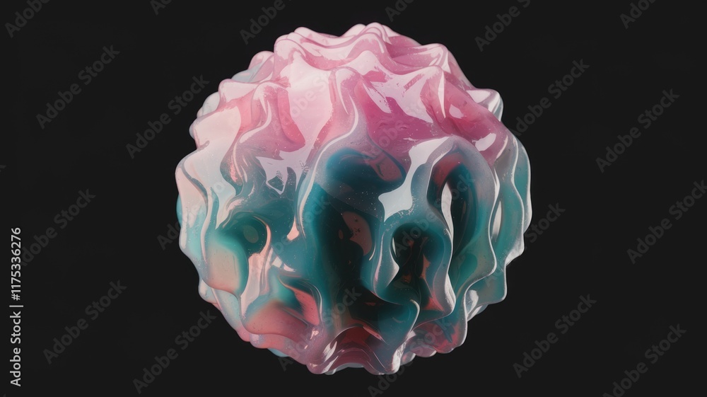 Poster abstract 3d render of a glossy, pink and teal organic form with a textured surface.