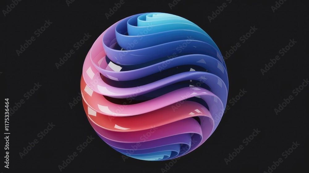 Poster abstract 3d rendering of a colorful, glossy, swirling sphere with layered ribbons.
