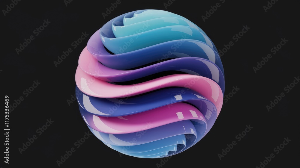 Poster abstract 3d rendering of a swirling, glossy egg-like form in pastel blues, purples, and pinks.