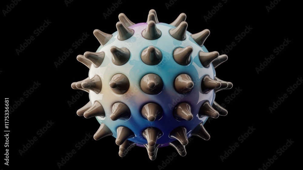 Poster a 3d render of a spiky, iridescent sphere with a blue and purple gradient, resembling a stylized vir