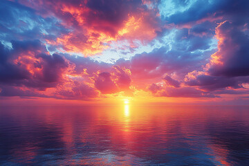 Obraz premium Vibrant Sunset Over Calm Ocean Water Cloudscape