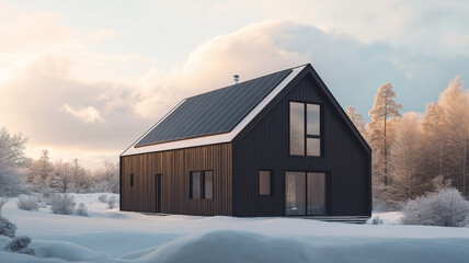 Dom jednorodzinny w stylu nowoczesnej stodoły z zainstalowana instalacją fotowoltaiczną