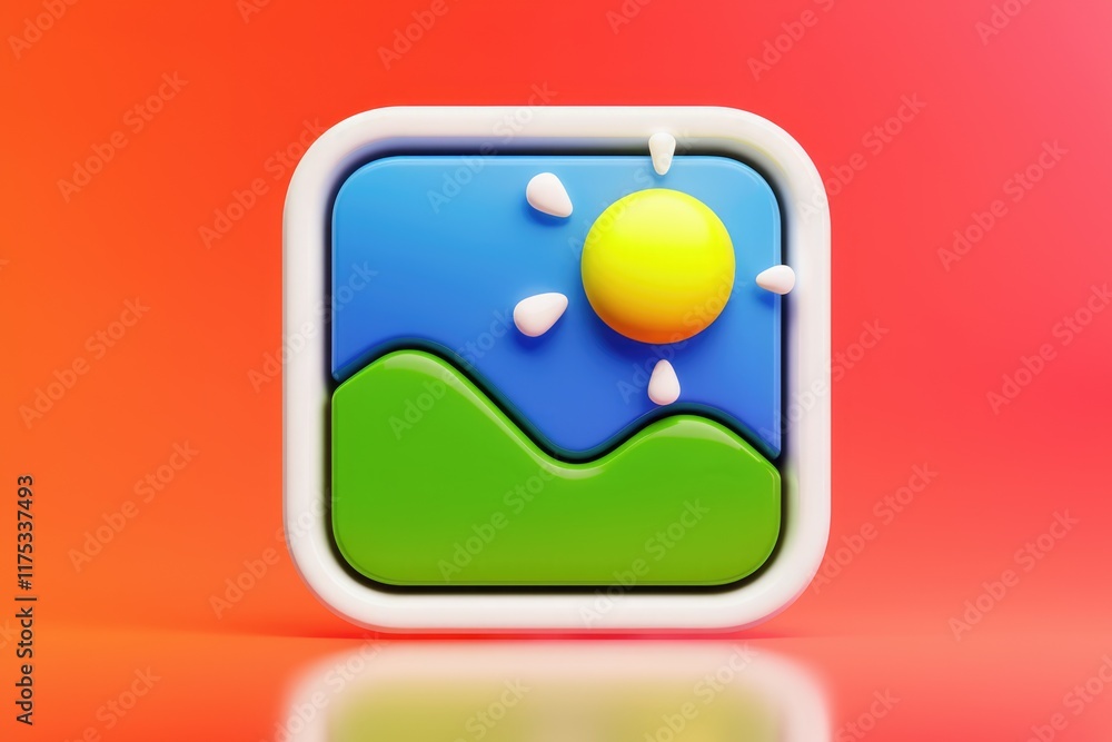 Poster a 3d rendered image of a sunny landscape, depicted in a simplistic, cartoonish style within a square