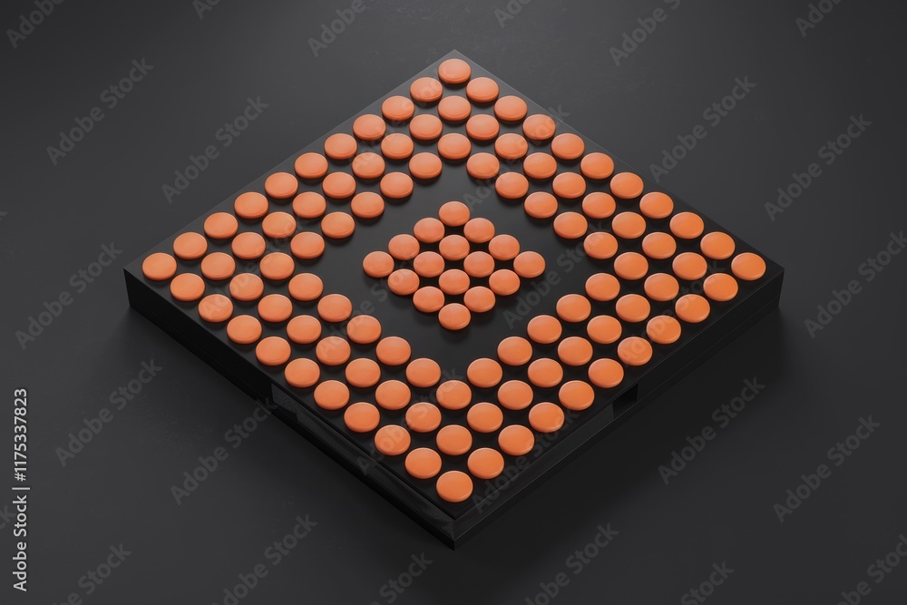 Poster A black square base holds numerous small, round, orange objects arranged in a symmetrical pattern.