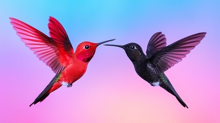 Obraz premium Two hummingbirds fly toward each other, one is red, and the second has dark plumage. They have their beaks touching each other, with a pink and blue gradient background,