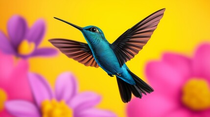 Fototapeta premium In a close-up, a blue hummingbird with black wings flies over pink flowers on a yellow background.