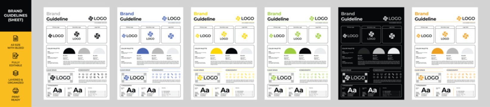 Multiple Colors Set of  Brand Guideline Single Page Sheet Template and Presentation 