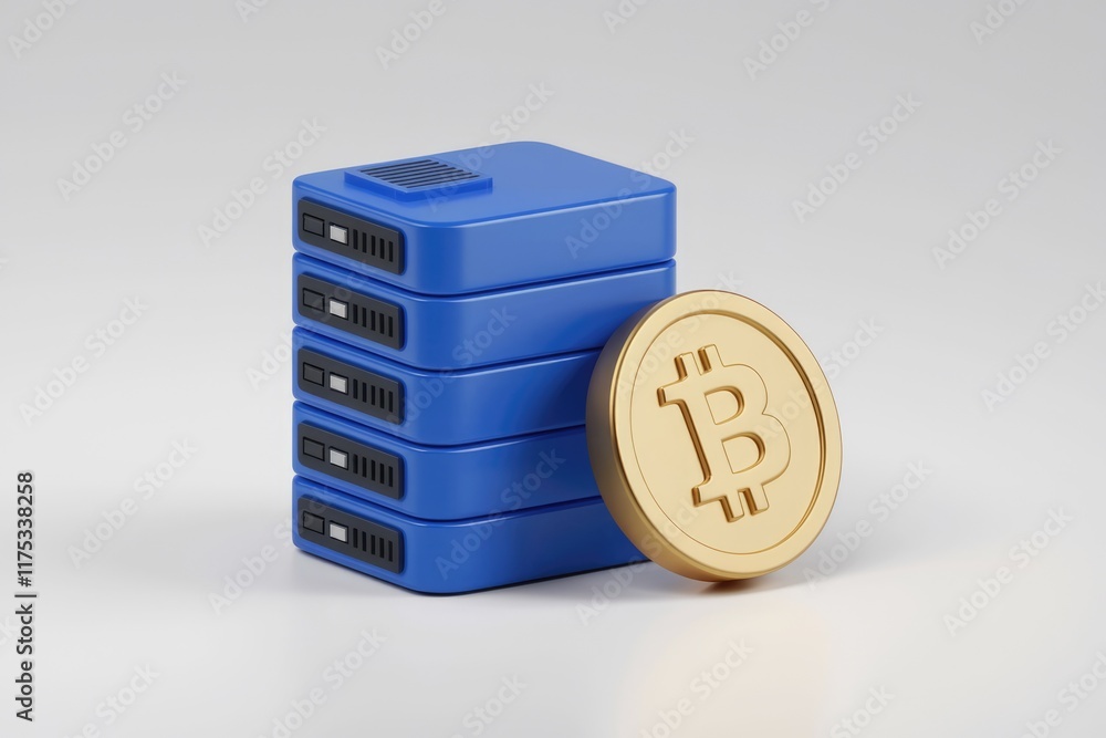 Poster bitcoin mining server farm, digital currency infrastructure, blockchain technology.