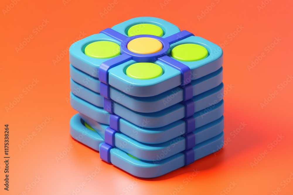 Leinwandbilder A stack of colorful, square-shaped objects with rounded edges and central circular buttons.
