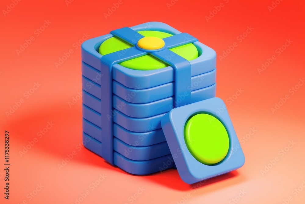 Poster A stack of bright blue layers with a lime green top and a separate button, 3D rendered.