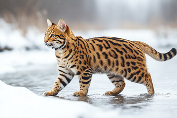 Fototapeta premium Bengal Cat Walking Through Winter Snow