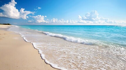 A beautiful beach with a large body of water and a few clouds in the sky