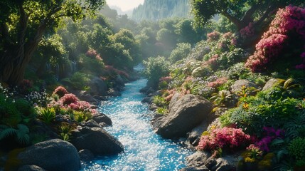 Serene River Flowing Through Lush Garden Paradise