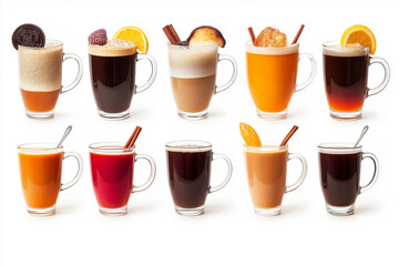 Stylish coffee cups in different colors and designs, filled with aromatic coffee, arranged artistically on a clean white background, isolated with clipping path, vivid details, and perfect lighting