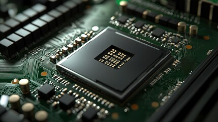 Close-Up of a Modern Microprocessor on a Circuit Board with Intricate Connections and Electronic Components Highlighting Technology and Innovation