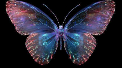 A vibrant iridescent butterfly with speckled wings