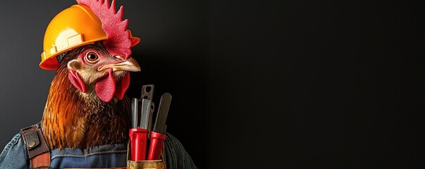 Humorous chicken dressed as a construction worker