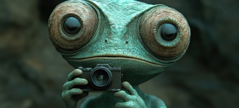 Curious alien creature capturing moments with a camera