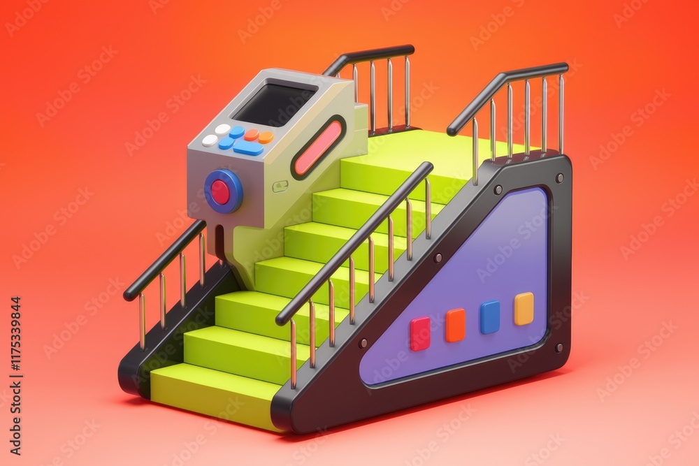 Poster a whimsical 3d rendering of a futuristic staircase with a control panel, vibrant colors, and sleek d