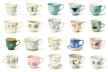 Stylish coffee cups in different colors and designs, filled with aromatic coffee, arranged artistically on a clean white background, isolated with clipping path, vivid details, and perfect lighting