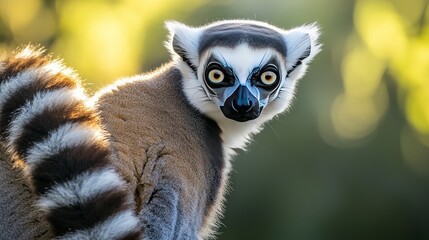 Ring-tailed lemur portrait, Madagascar wildlife, sunset bokeh background, nature photography.