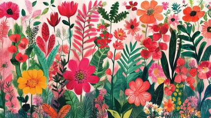 Vibrant Floral Tapestry A profusion of stylized blooms and foliage in bold hues