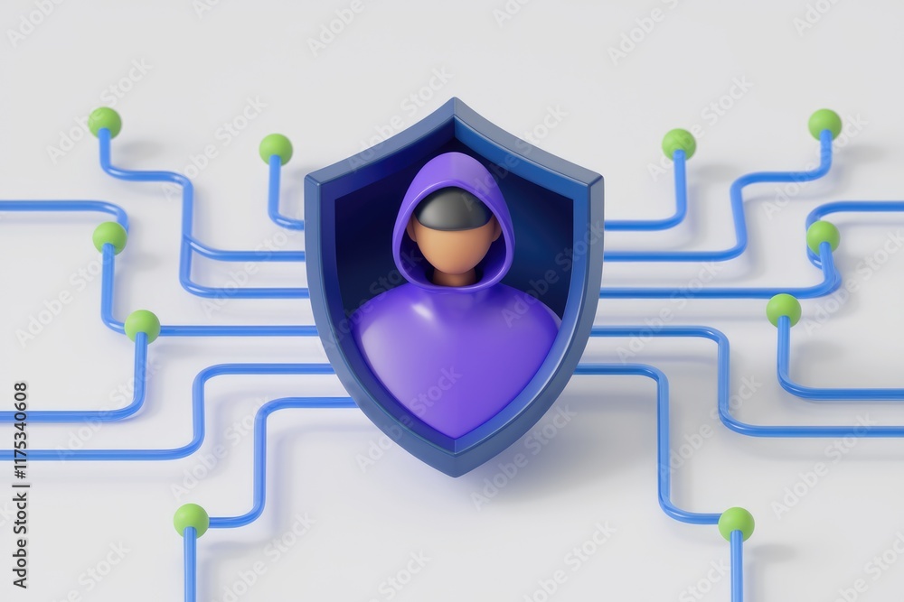 Aufkleber cybersecurity protection: a hooded figure is shielded within a network, symbolizing digital safety a