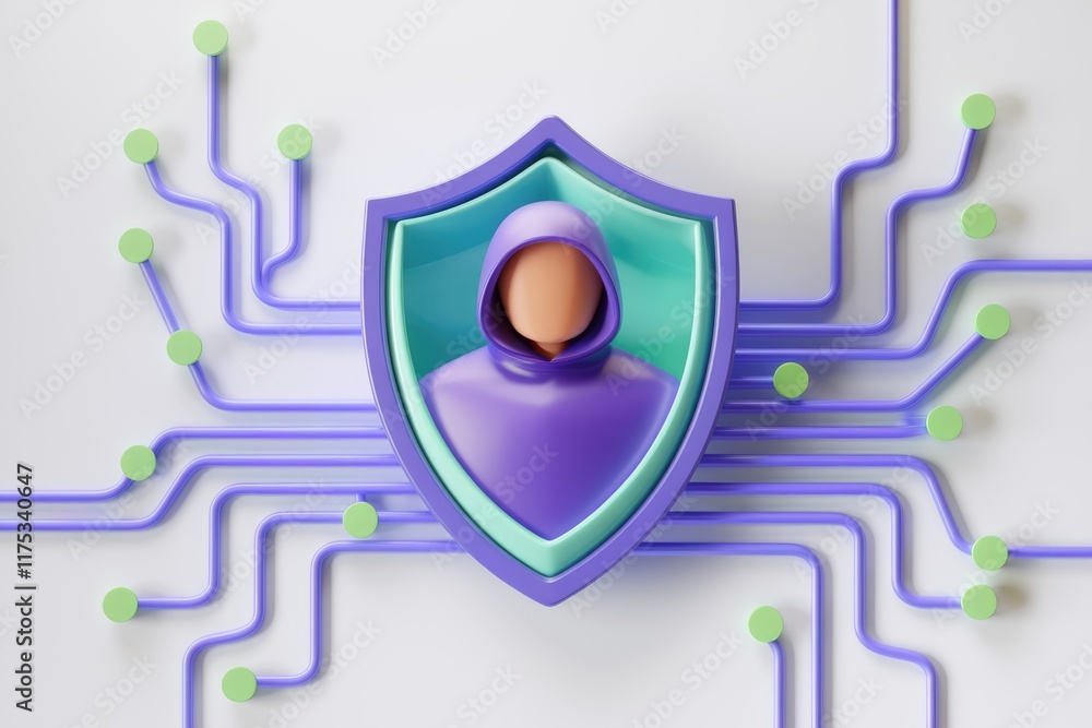 Poster A hooded figure is protected by a shield within a digital circuit, symbolizing cybersecurity and data protection.