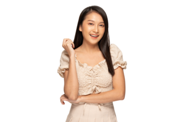 Smiling woman in beige outfit with confident pose on transparency background