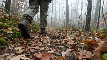 A person is walking through a forest with leaves on the ground