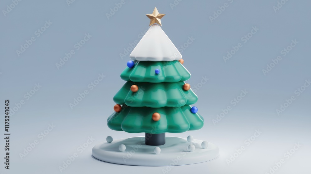 Poster a minimalist 3d rendering of a christmas tree adorned with colorful ornaments and a star.