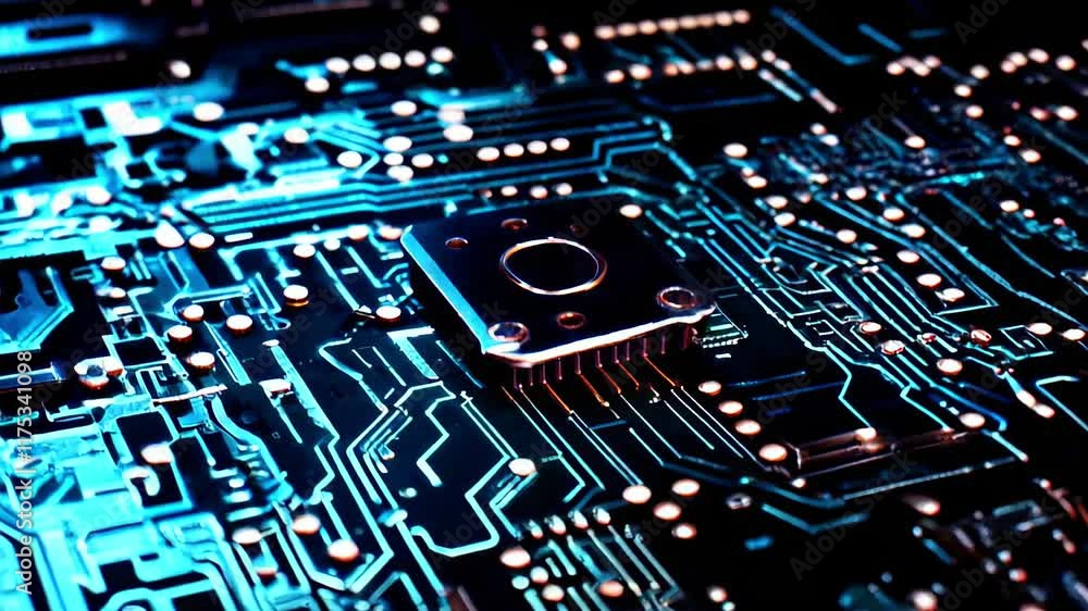 Wall mural close-up of a microchip on a circuit board with futuristic lighting