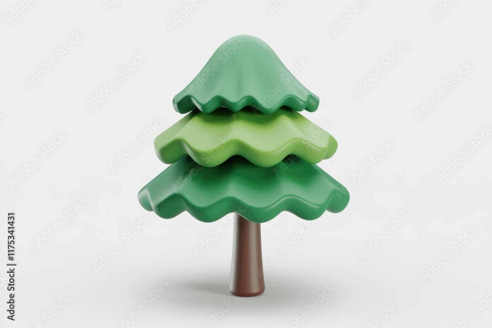 Poster a stylized 3d model of a christmas tree with three layers of wavy green foliage and a brown trunk.