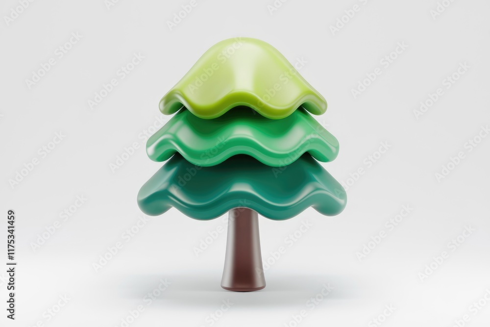 Poster a stylized 3d rendering of a christmas tree with layered, wavy green sections and a brown trunk.