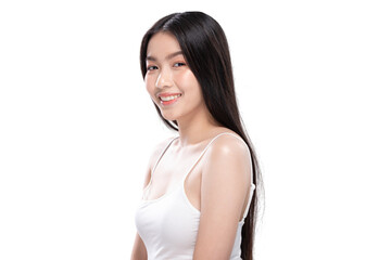 Smiling woman with long black hair wearing white tank top on transparency background