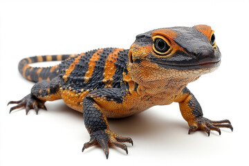 Obraz premium A vibrant orange and black lizard poses against a white background