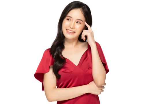 Smiling woman in red dress thinking with cheerful expression