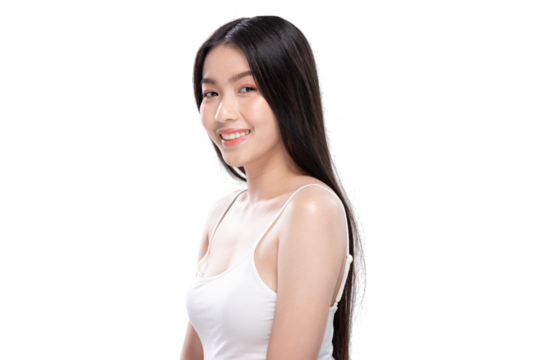 Smiling woman with long black hair wearing white tank top on transparency background