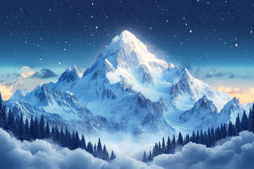Majestic Winter Mountain Peak Under Starlit Sky