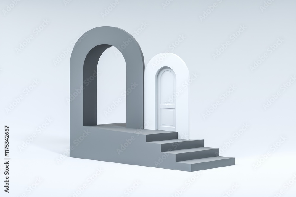 Aufkleber abstract 3d rendering of gray archway, white door, and steps, symbolizing a journey or transition.