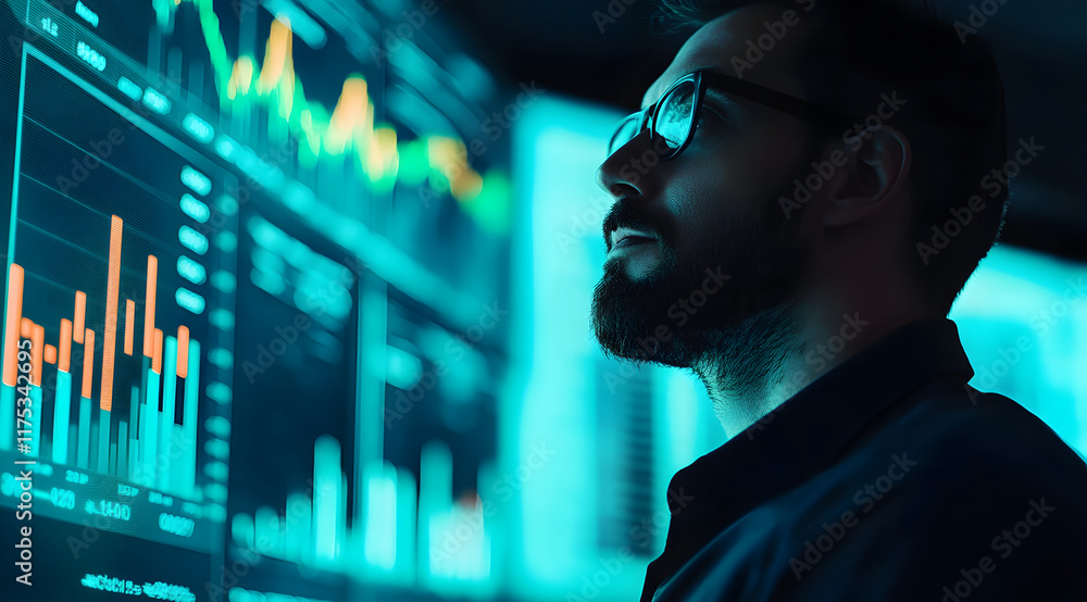 Poster a focused professional analyzes data trends on a digital screen, surrounded by vibrant graphs and ch