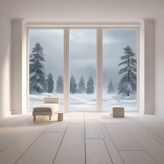 A 3D-rendered Scandinavian interior design features a white empty room with a winter landscape visible through window