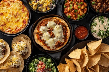 A table filled with Korean fusion dishes, including kimchi pizza, bulgogi tacos, and spicy rice cakes with cheese