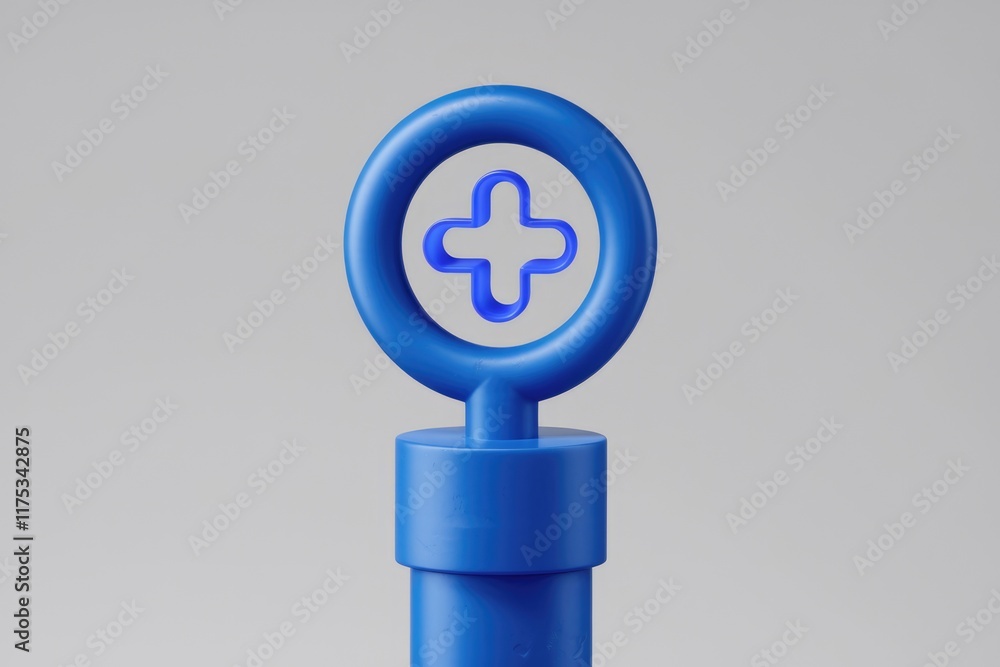 Poster Abstract 3D rendering of a blue circular symbol with a plus sign in the center.