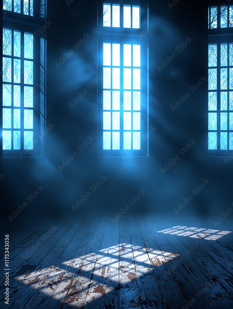 Poster dimly lit stage with smoky deep blue backdrop and window shadows, creating dramatic setting for prod