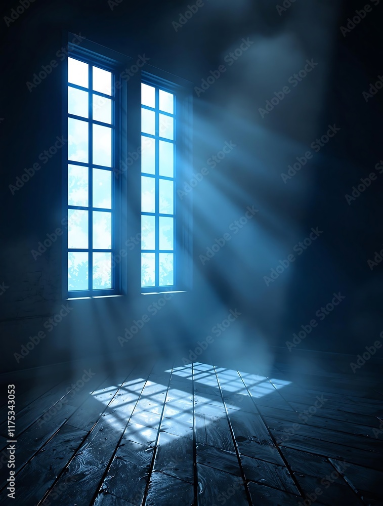 Poster dimly lit stage with smoky deep blue backdrop and window shadows, creating dramatic setting for prod