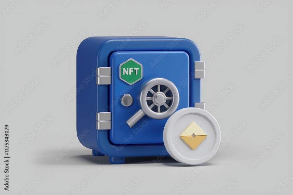 Poster a blue safe labelled nft secures a digital asset, symbolizing secure nft storage and digital ownersh