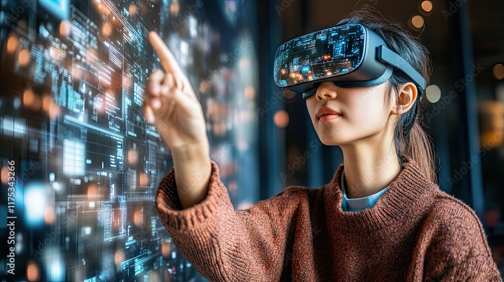 Poster a woman interacts with a digital display using vr. this tech could be applied to data visualization,