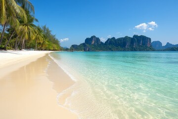 Fototapeta premium A traditional Thai massage being offered on a beach in Krabi, with a backdrop of gently swaying palm trees
